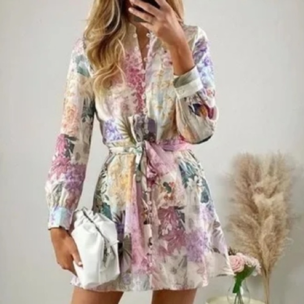ZARA BUTTON DOWN DAINTY LONG ALEEVE BUTTON DOWN TIE FLORAL DRESS